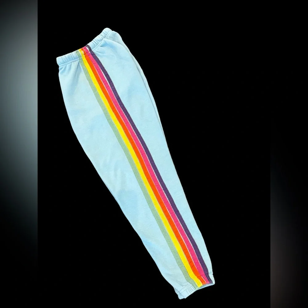 Aviator Nation 5-stripe Light Blue Sweatpants with Rainbow Stripe - Picture 1 of 6